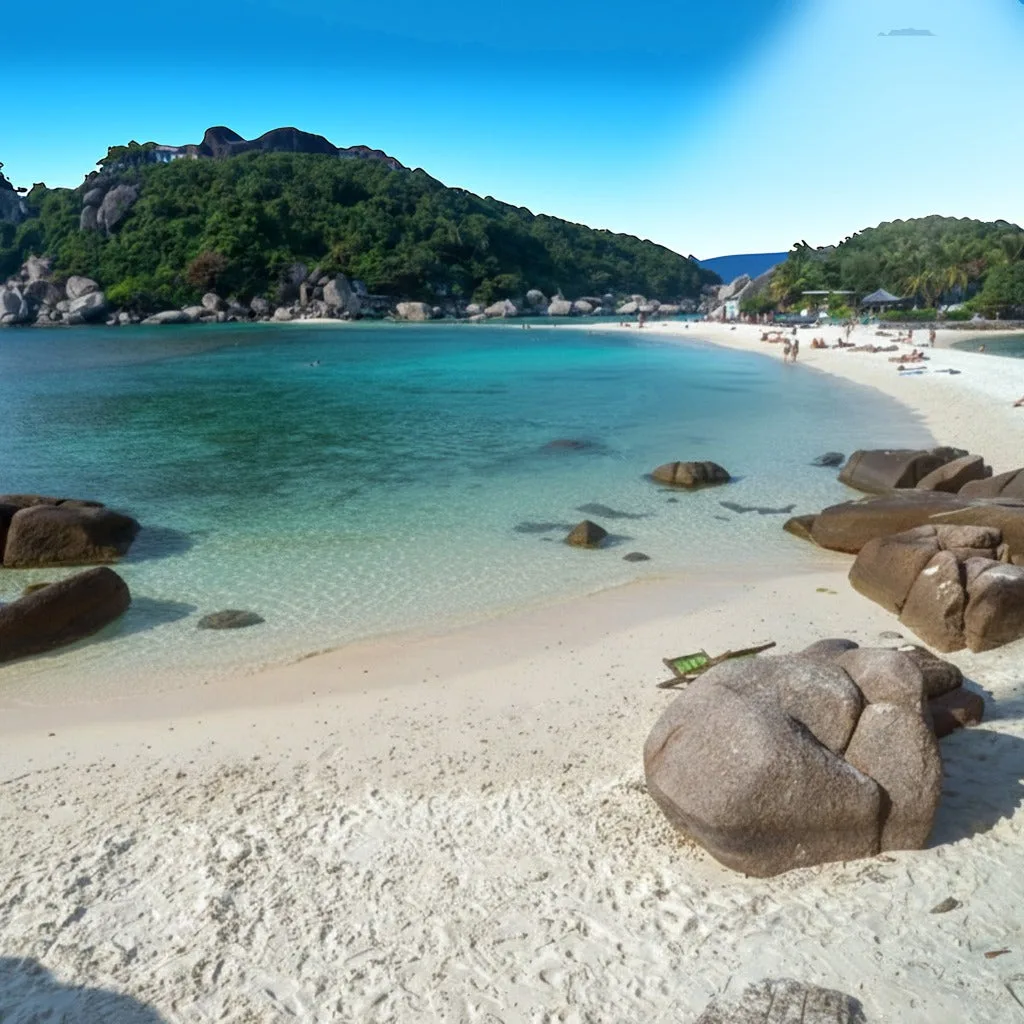 Sheltered turquoise bay with granite boulders and white sand at Koh Nang Yuan, Koh Tao day trip