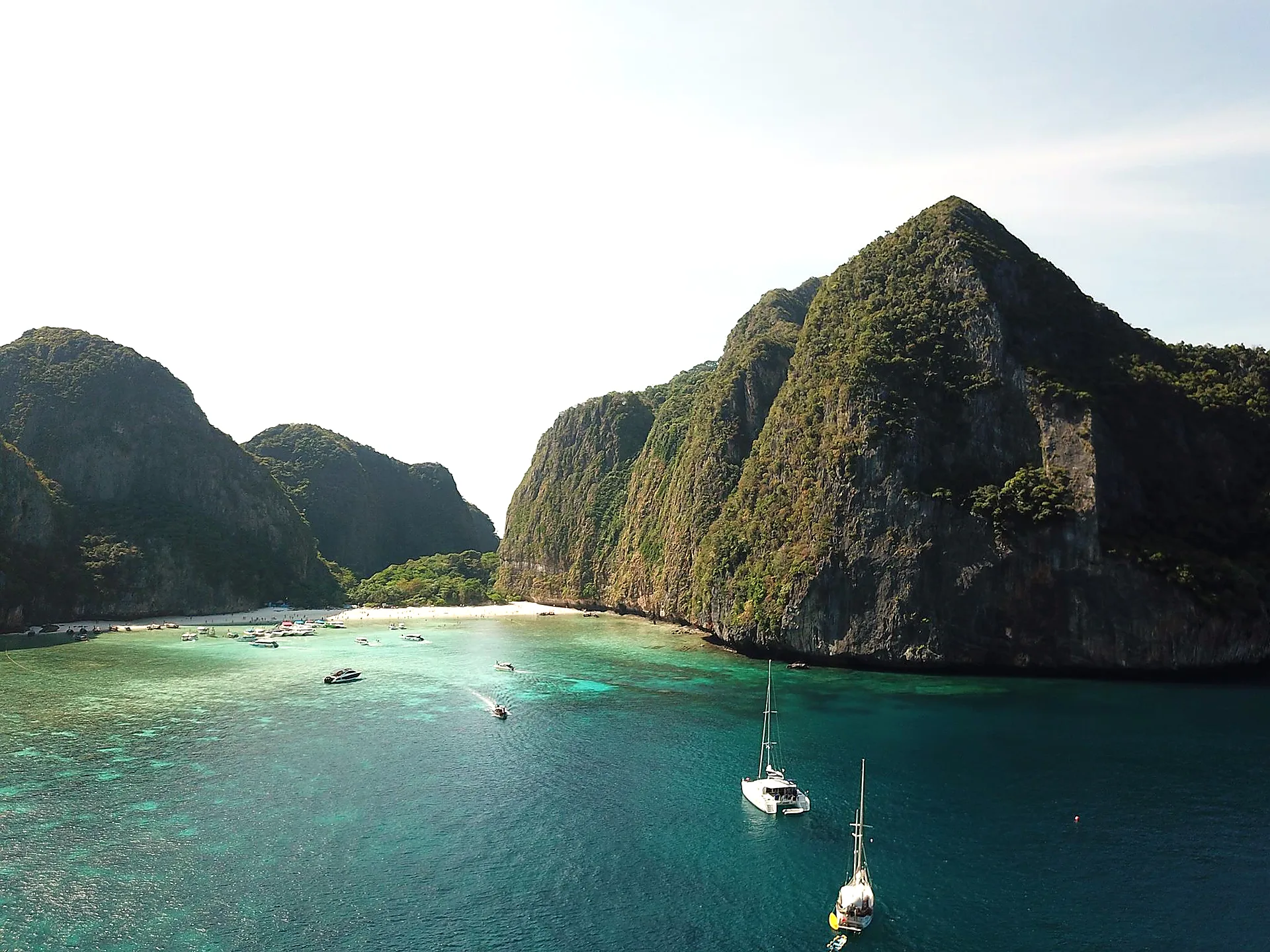 Aerial view of Maya Bay and its limestone cliffs