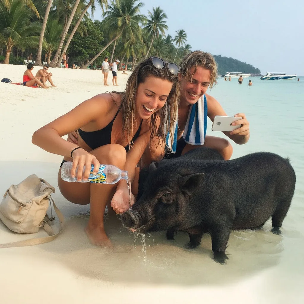 Couple pouring fresh water for a black beach pig at Pig Island, Koh Samui day trip
