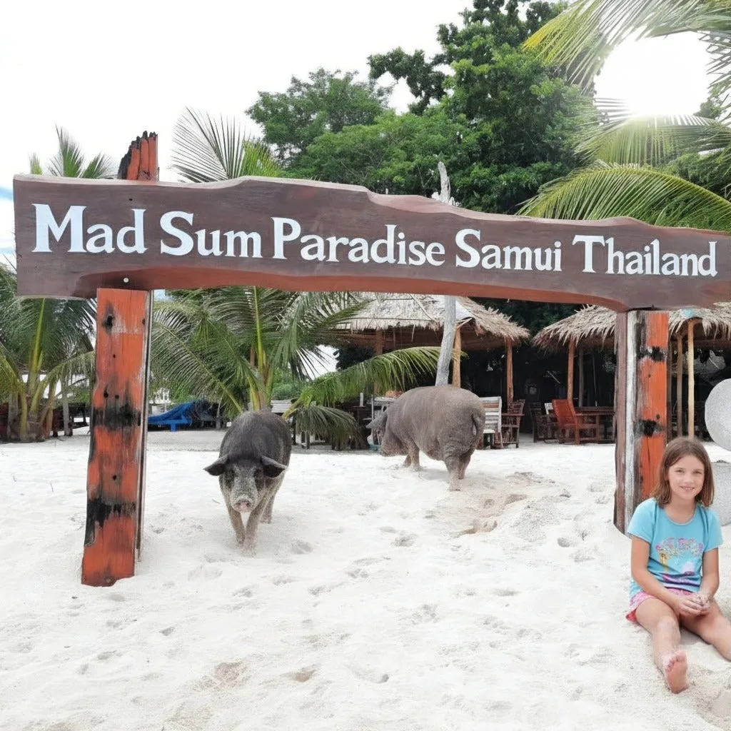 Two pigs and a child beside the Mad Sum Paradise Samui Thailand sign on Pig Island