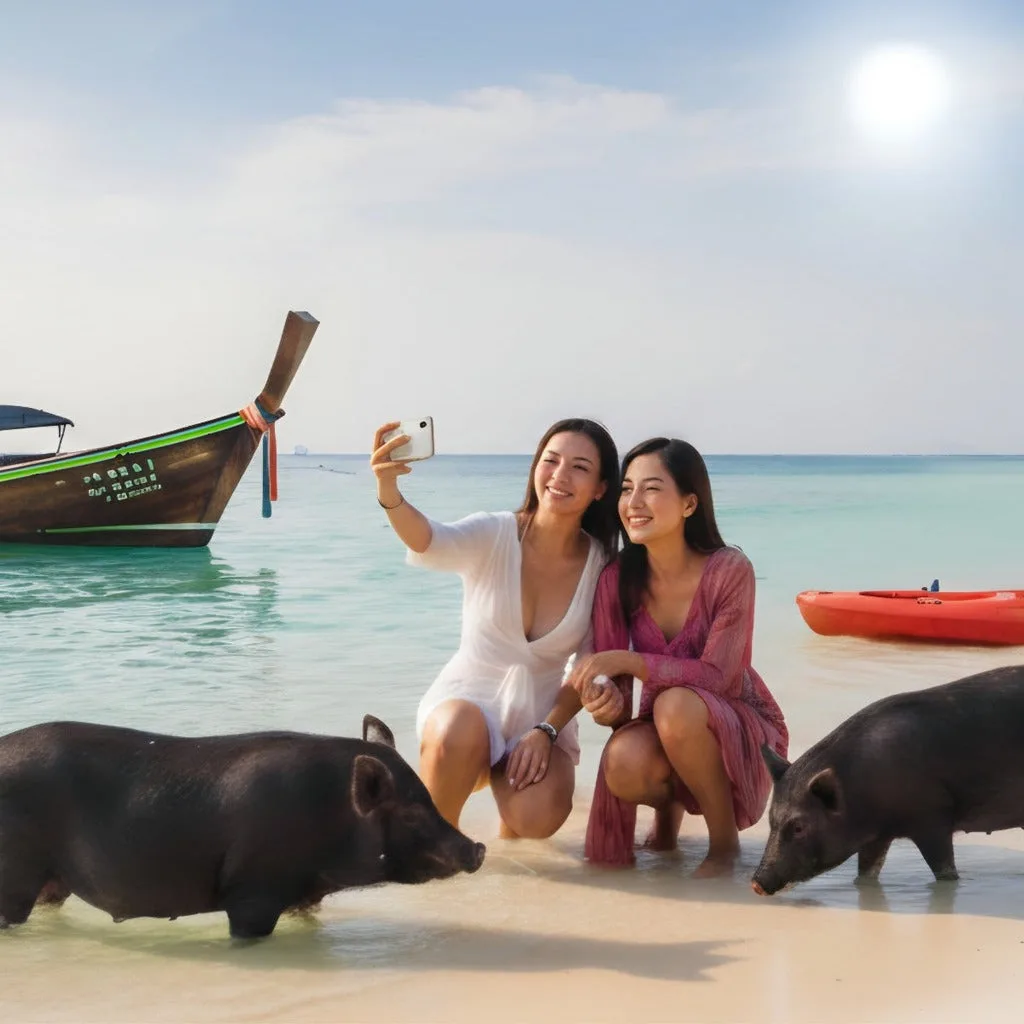 Two travellers taking a selfie with pigs beside a longtail boat on Pig Island beach, Koh Samui