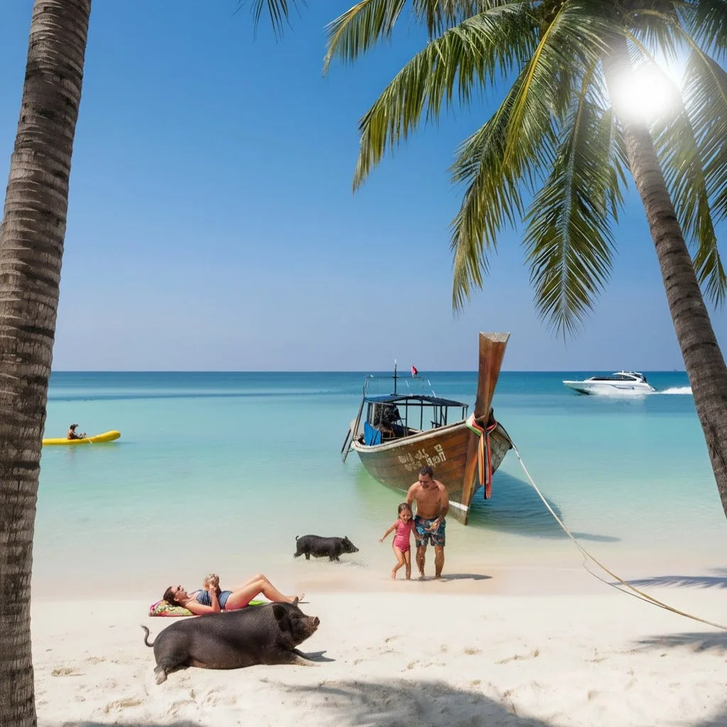 Longtail boat, kayaks and pigs on the palm-fringed beach of Pig Island, Koh Samui